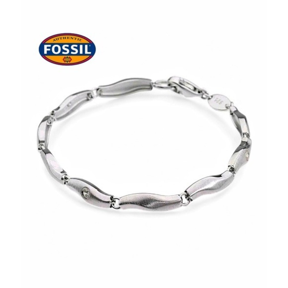 Fossil Sterling Silver Wavy Link Crystal Bracelet Rhodium New in Tin Gift Box!